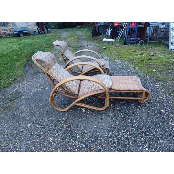 Paire de fauteuils transat en rotin colonial