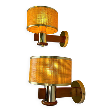 Pair of vintage rattan & wood wall sconces, Italy, circa 1970s