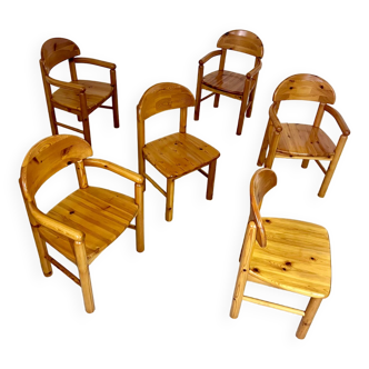 Suite de 6 chaises scandinaves années 70 bois massif reiner daumiller en pin massif