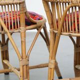 Set of 4 subtle and charming vintage 60s rattan boho chairs with colorful upholstered seats