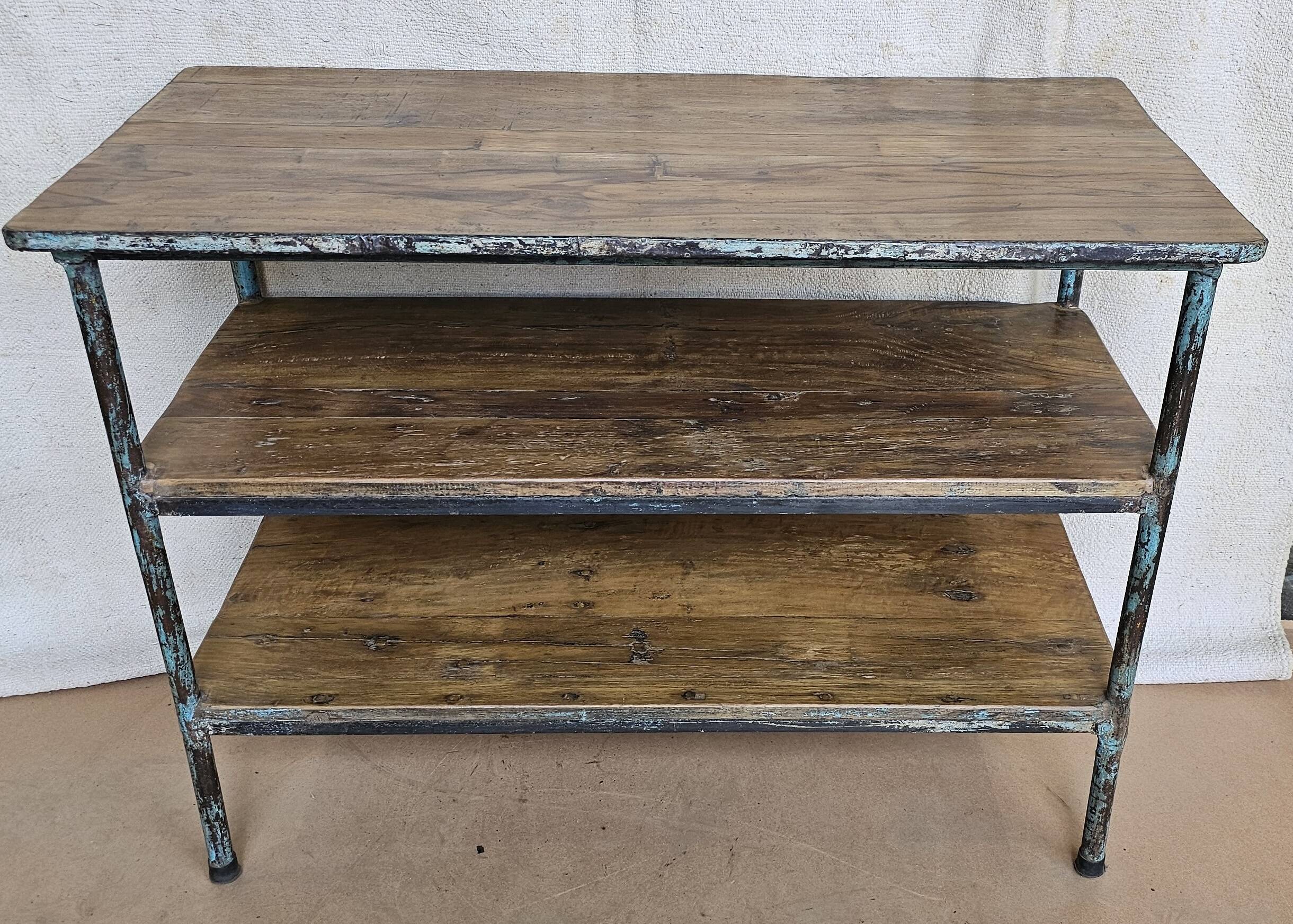 Textile workshop console in teak and wrought iron