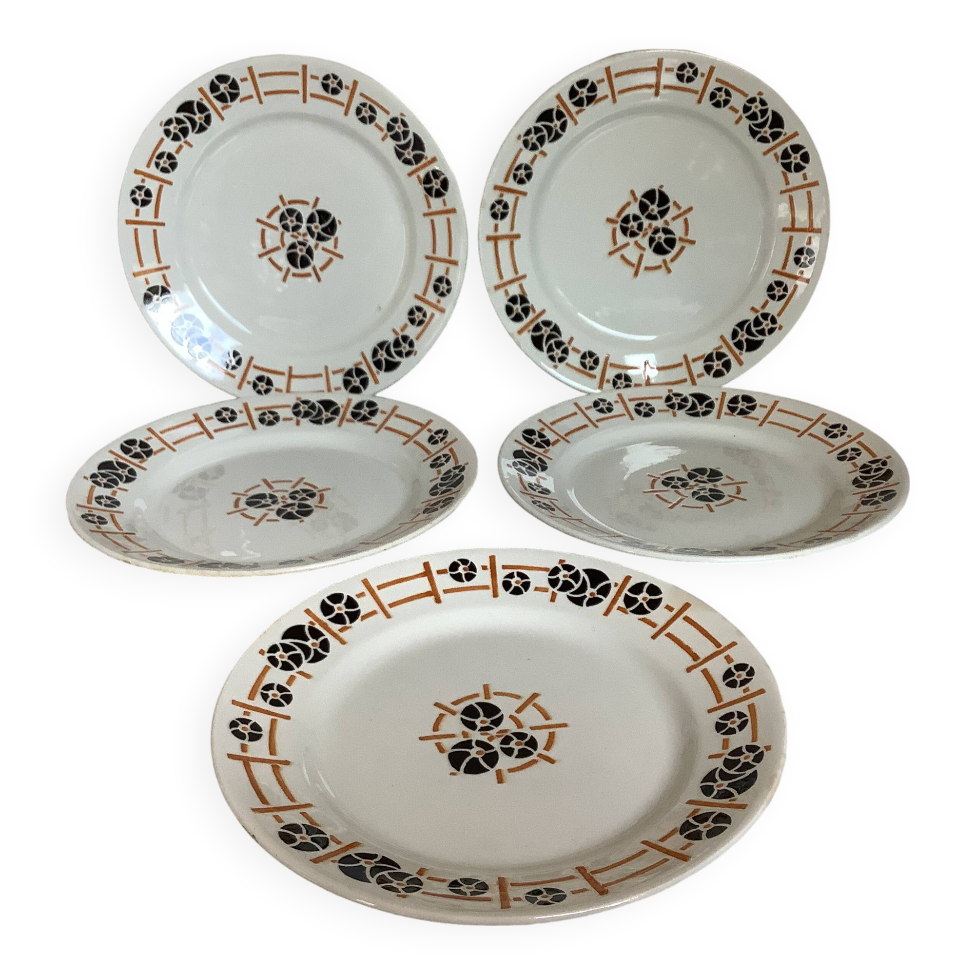 Five old flat earthenware plates from the 1930s, water lilies model