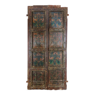 Indian door hand painted with bird and floral patterns, 2 leaves, fixing with 2 rings