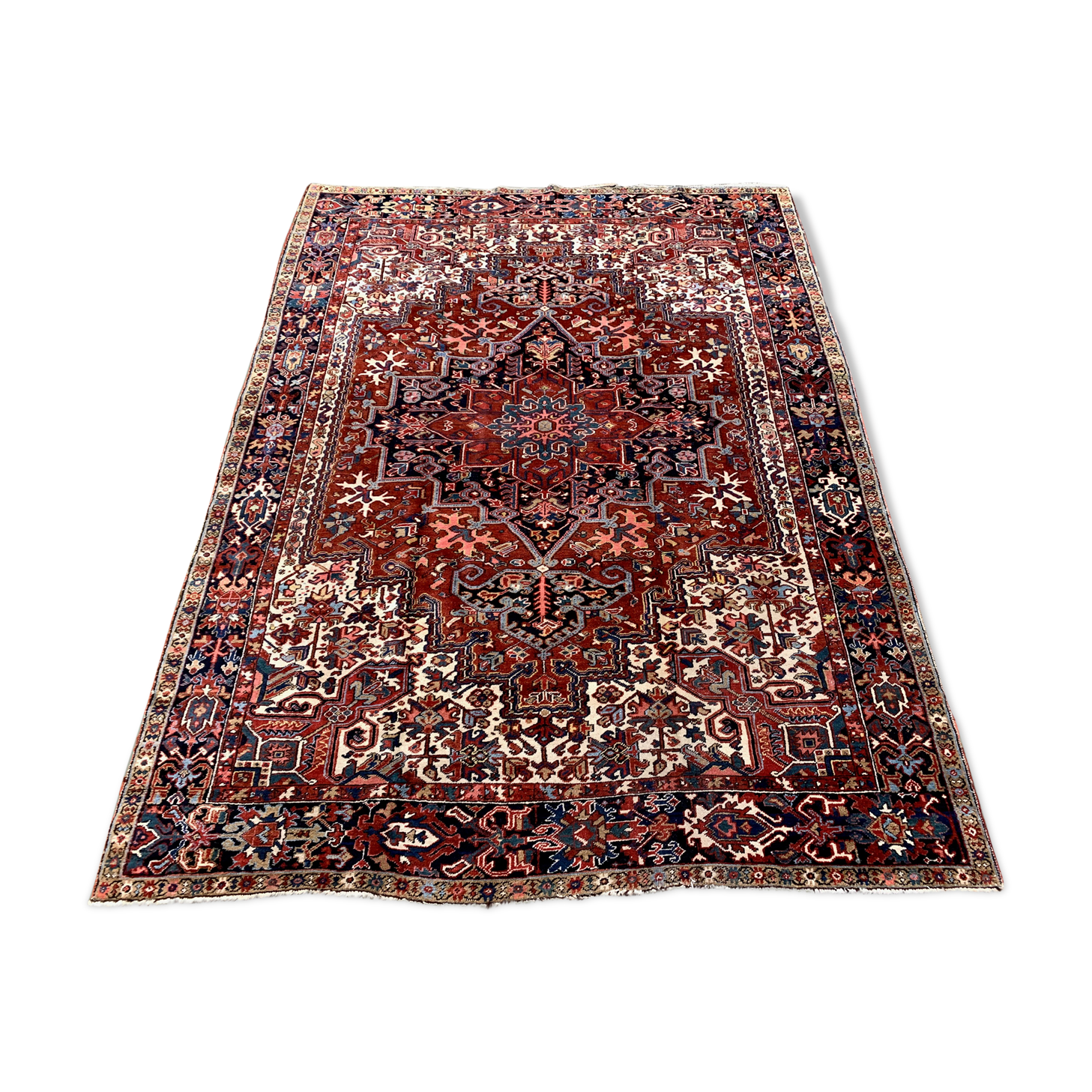 Antique heriz rug 353x263 cm wool oriental hand made carpet red, brown, blue