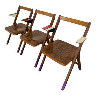 Set of 3 Vintage Wooden Chairs with Color Accents / Mid-Century Yugoslavia