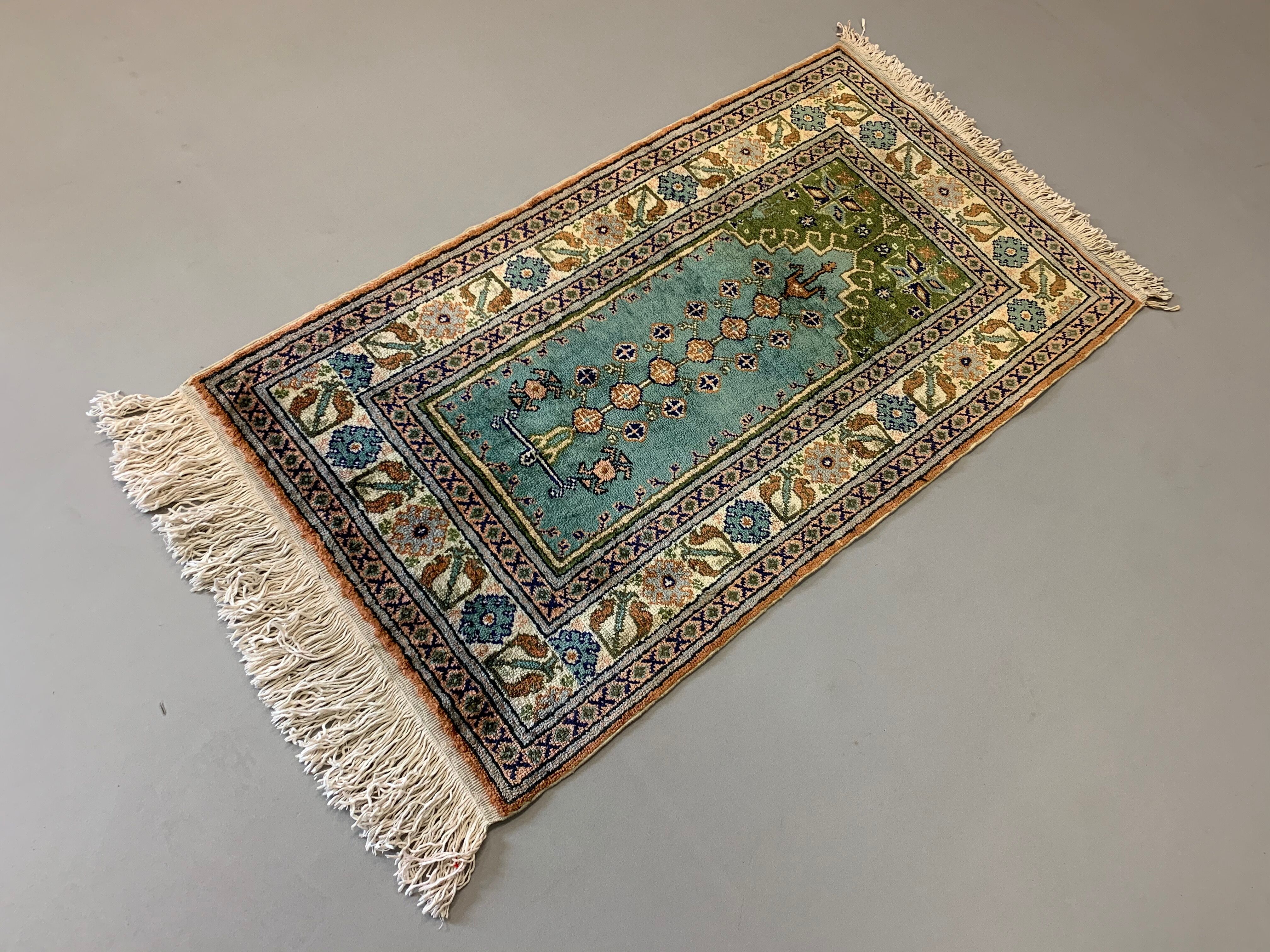 vintage turkish vegan silk rug 120x62 cm kayseri blue beige small selency