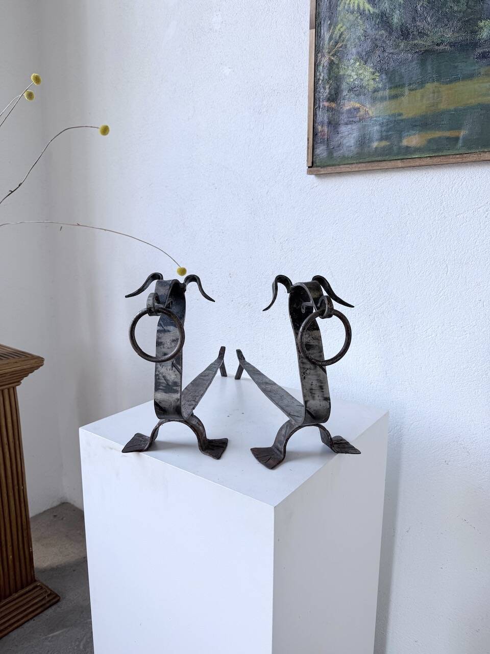 Pair of zoomorphic metal andirons "dogs" 1950