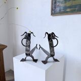 Pair of zoomorphic metal andirons "dogs" 1950