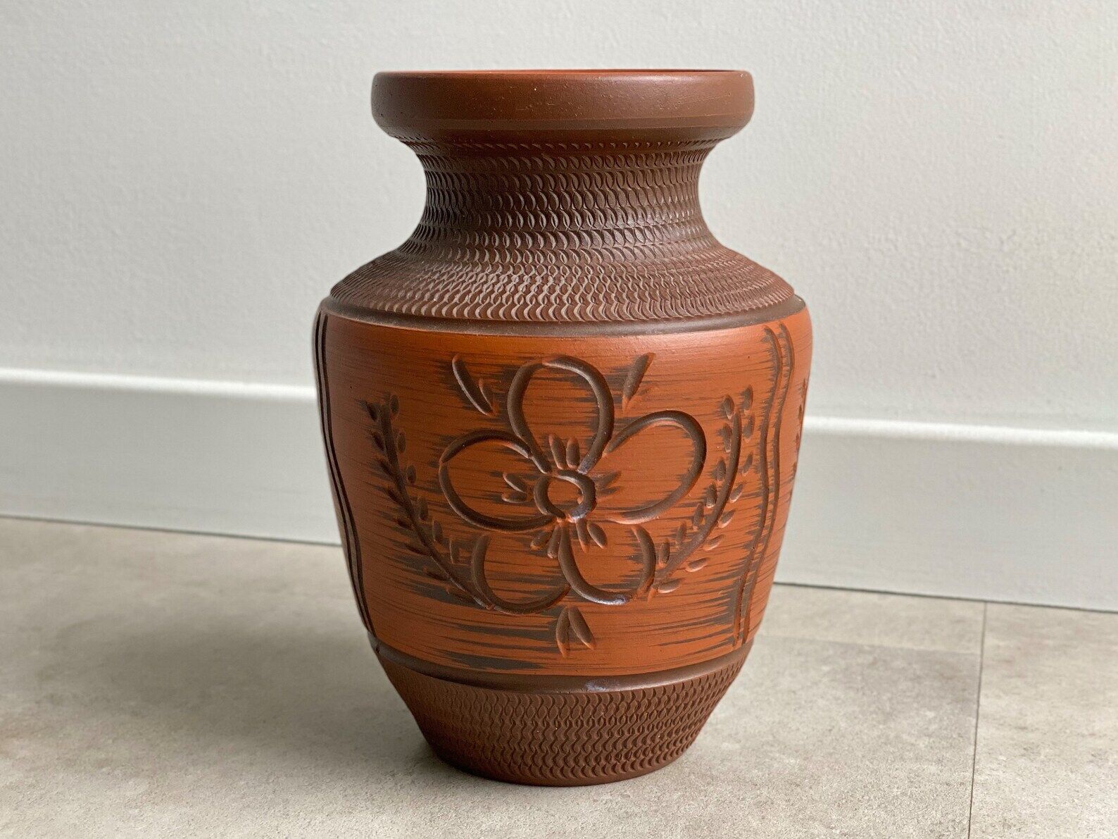 Vintage brown ceramic German vase, Mid Century terracotta pottery