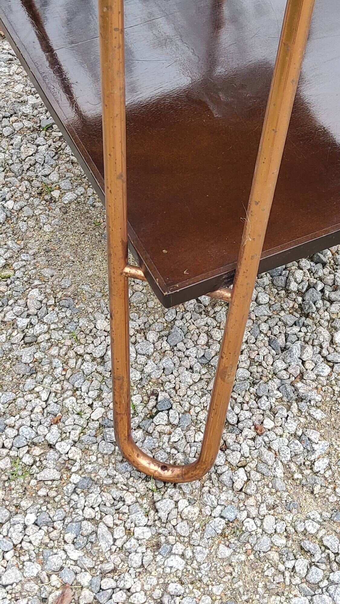 Vintage double wooden side table with copper base from the 50s