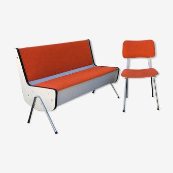 Banc coffre et chaise Skaï orange vintage Années 60/70