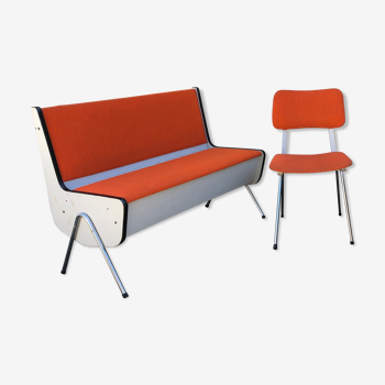 Bench chest and chair Skaï vintage orange 60s/70s