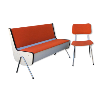 Bench chest and chair Skaï vintage orange 60s/70s