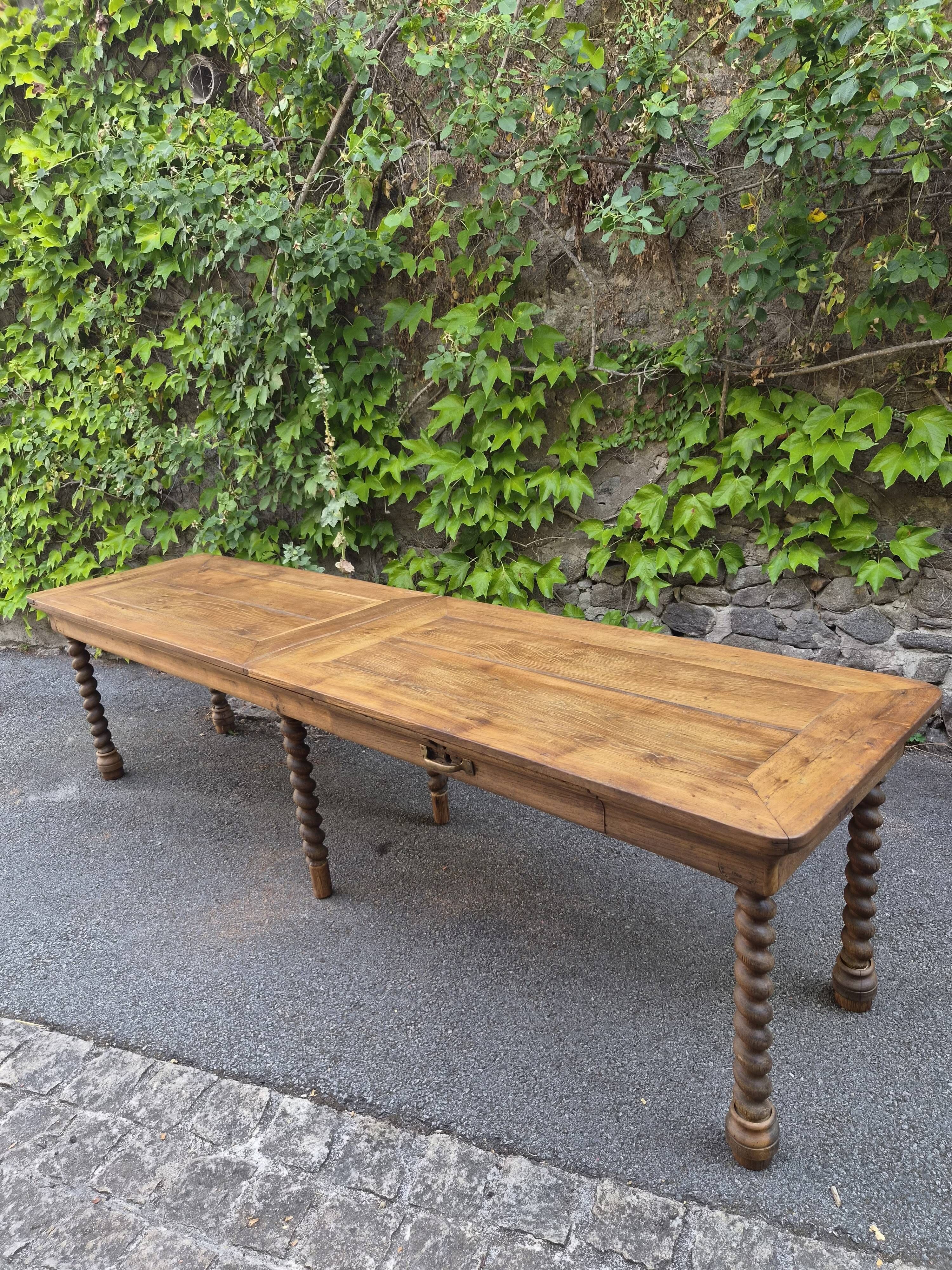 Antique French draper's table in oak, shop counter, work table, 6 feet, circa 1750–1850.