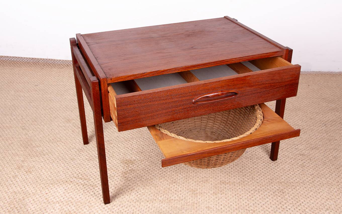 Vintage Danish sewing cabinet, known as "Travailleuse", teak and rattan from the 1960s.