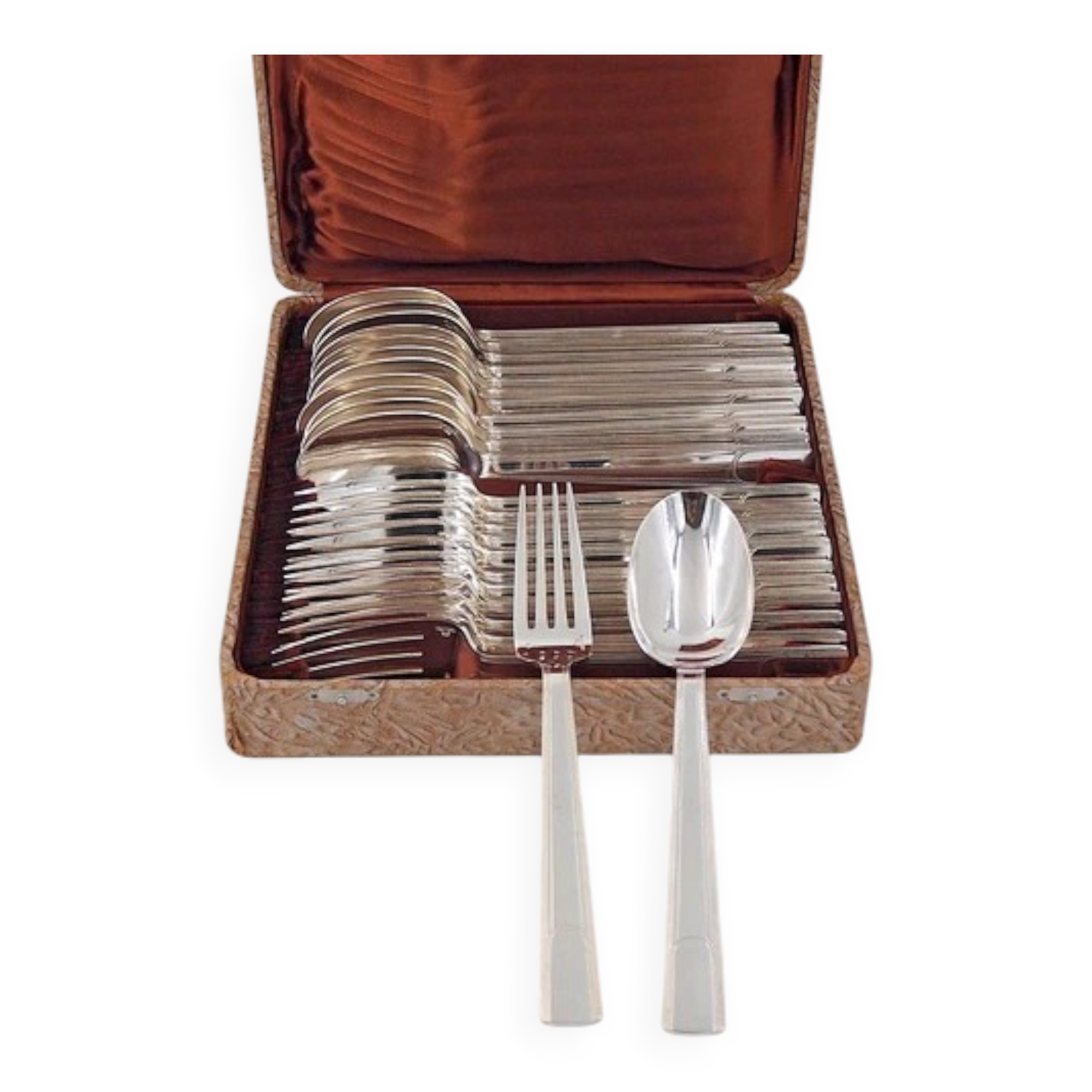Christofle Gabon, Art Déco, 12 couverts de table, 24 pièces en métal argenté.