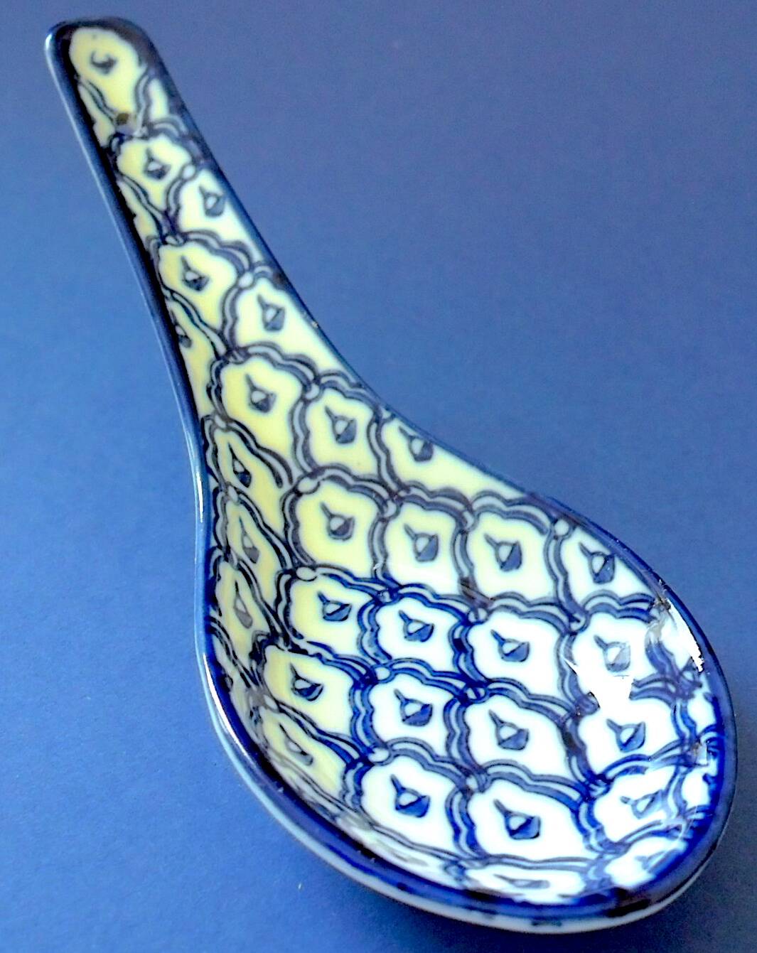 Set of six (6) soup spoons in white-blue porcelain from China