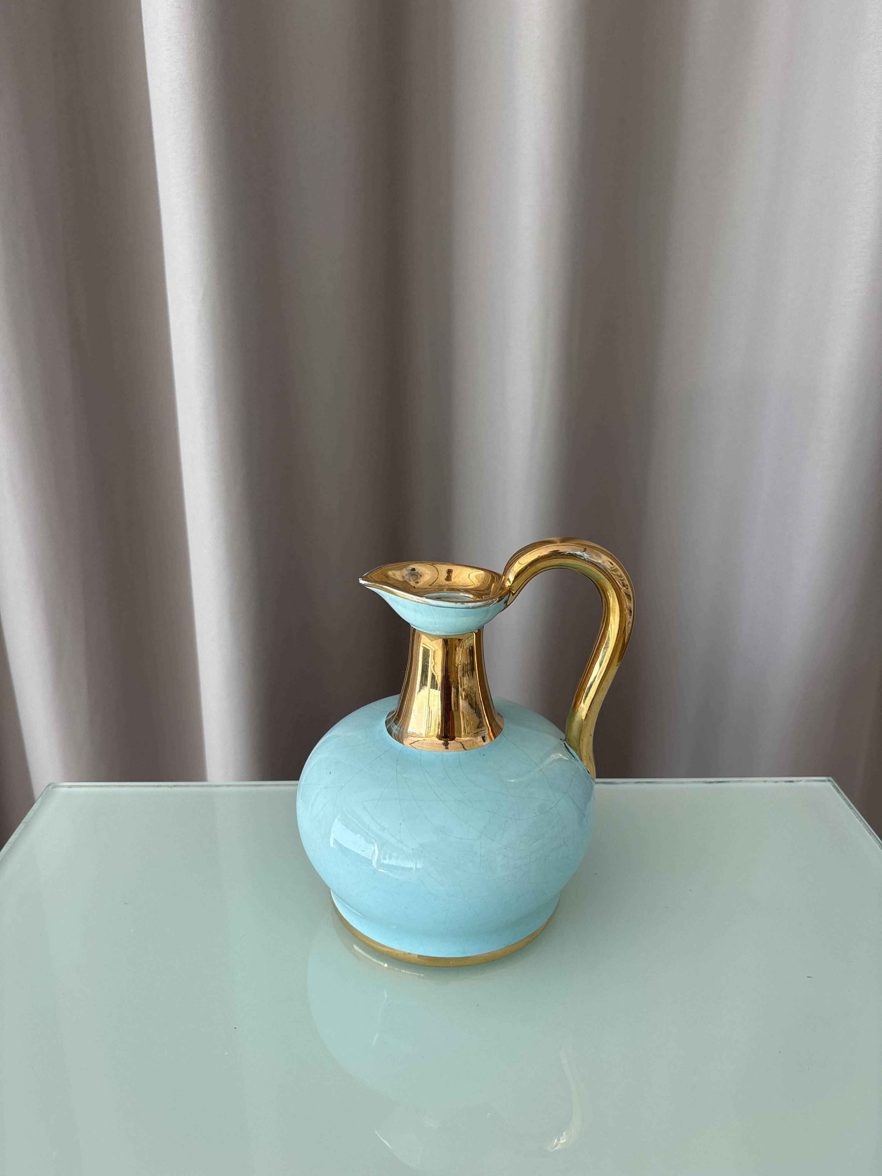 Vintage A. Bayer Belgium Turquoise Crackle Ceramic Jug with Gold