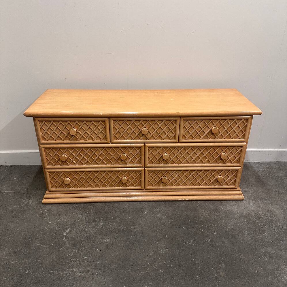 Oak & faux rattan-front dresser - Chest of drawers by Maugrion for Roche Bobois