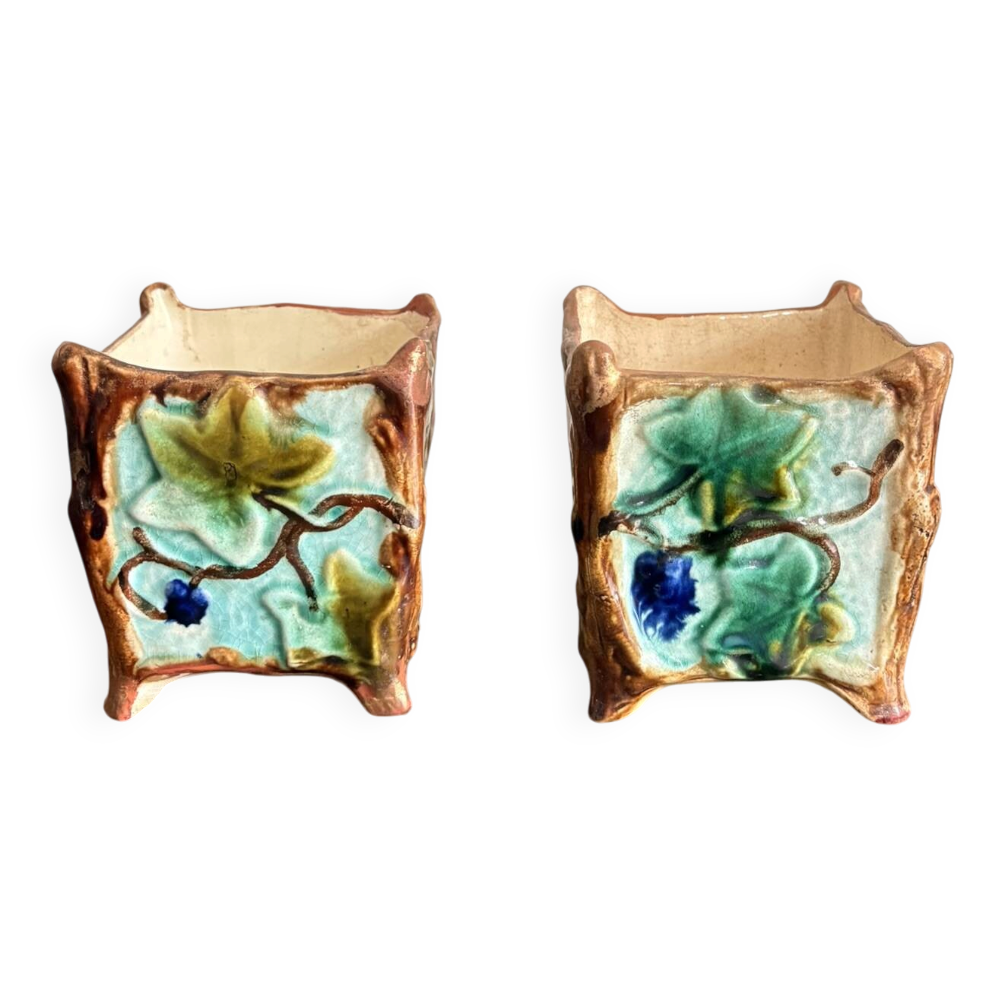 Antique Pair of Planters Cache Pot Barbotine with Ivy 19th Century Majolica