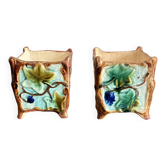 Ancien Paire Jardinière Cache Pot Barbotine aux Lierres XIXème Majolica