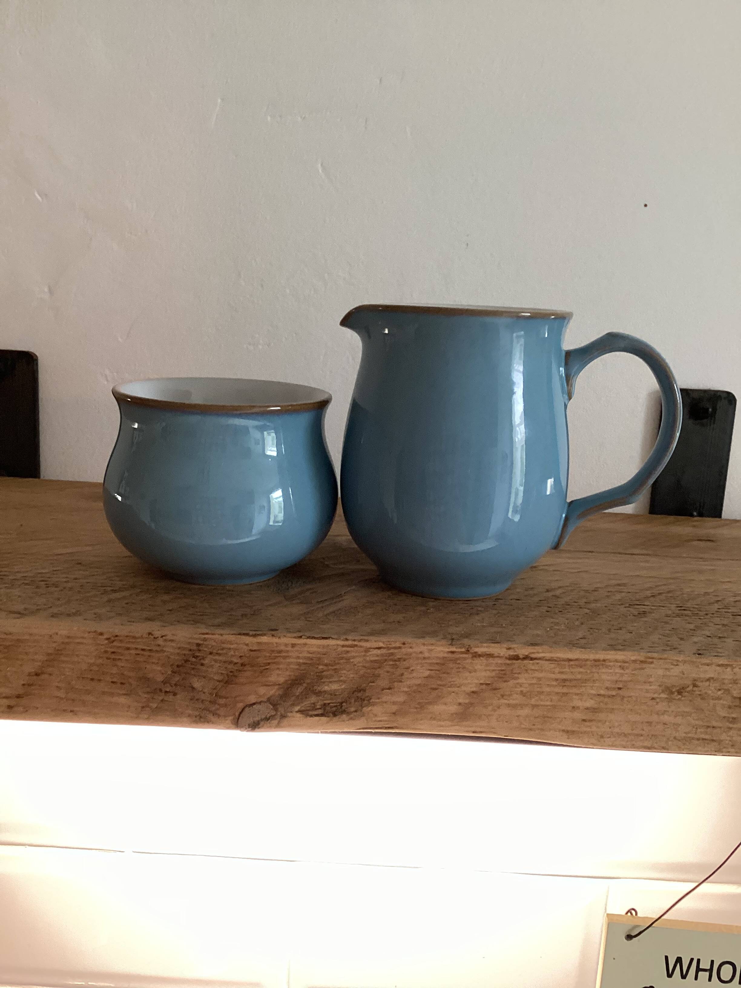 Cruchon à lait / Crémier et bol à sucre en grès bleu Denby
