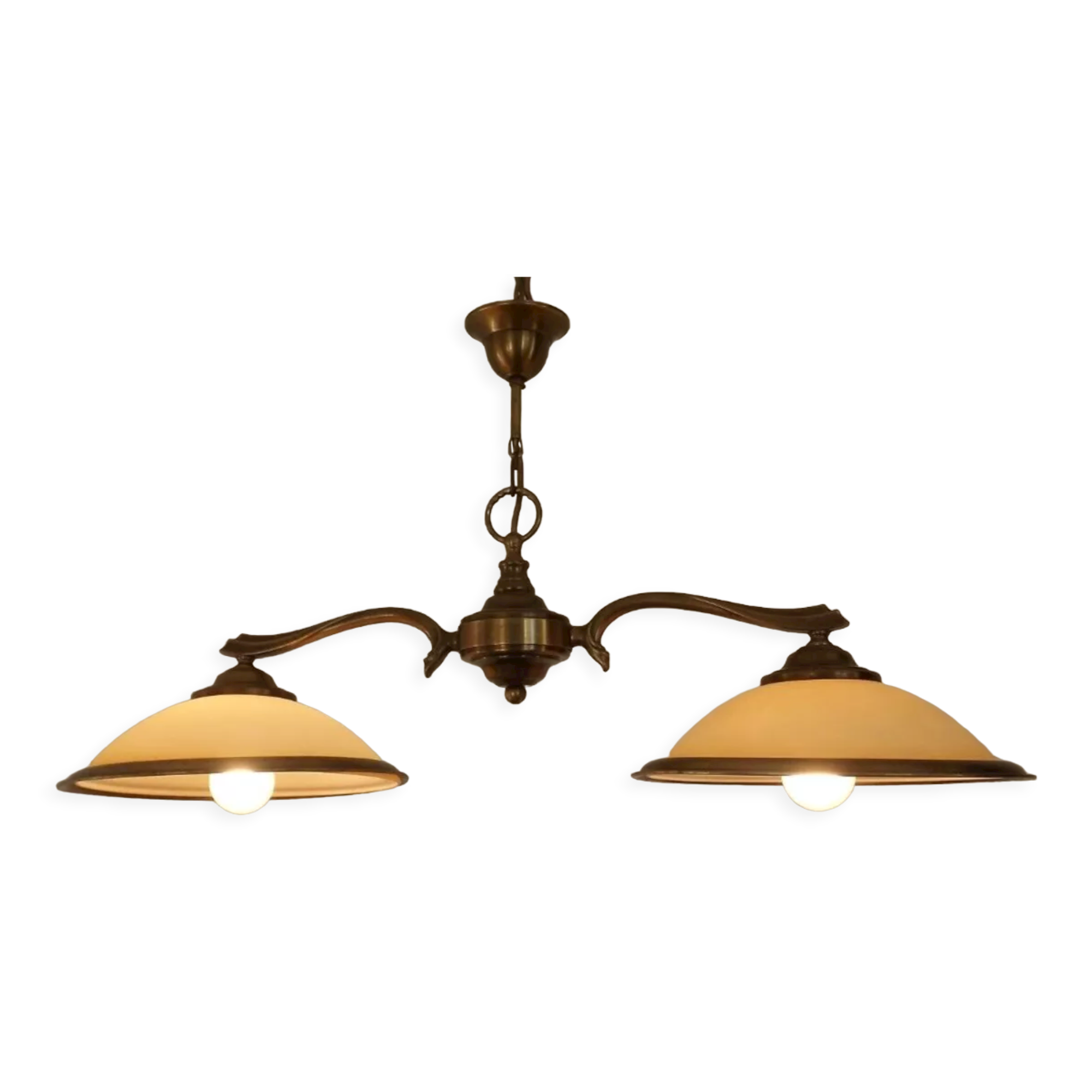French Mid Century Bronze Billiard Light 2 Cream Amber Round Glass Shades 3921