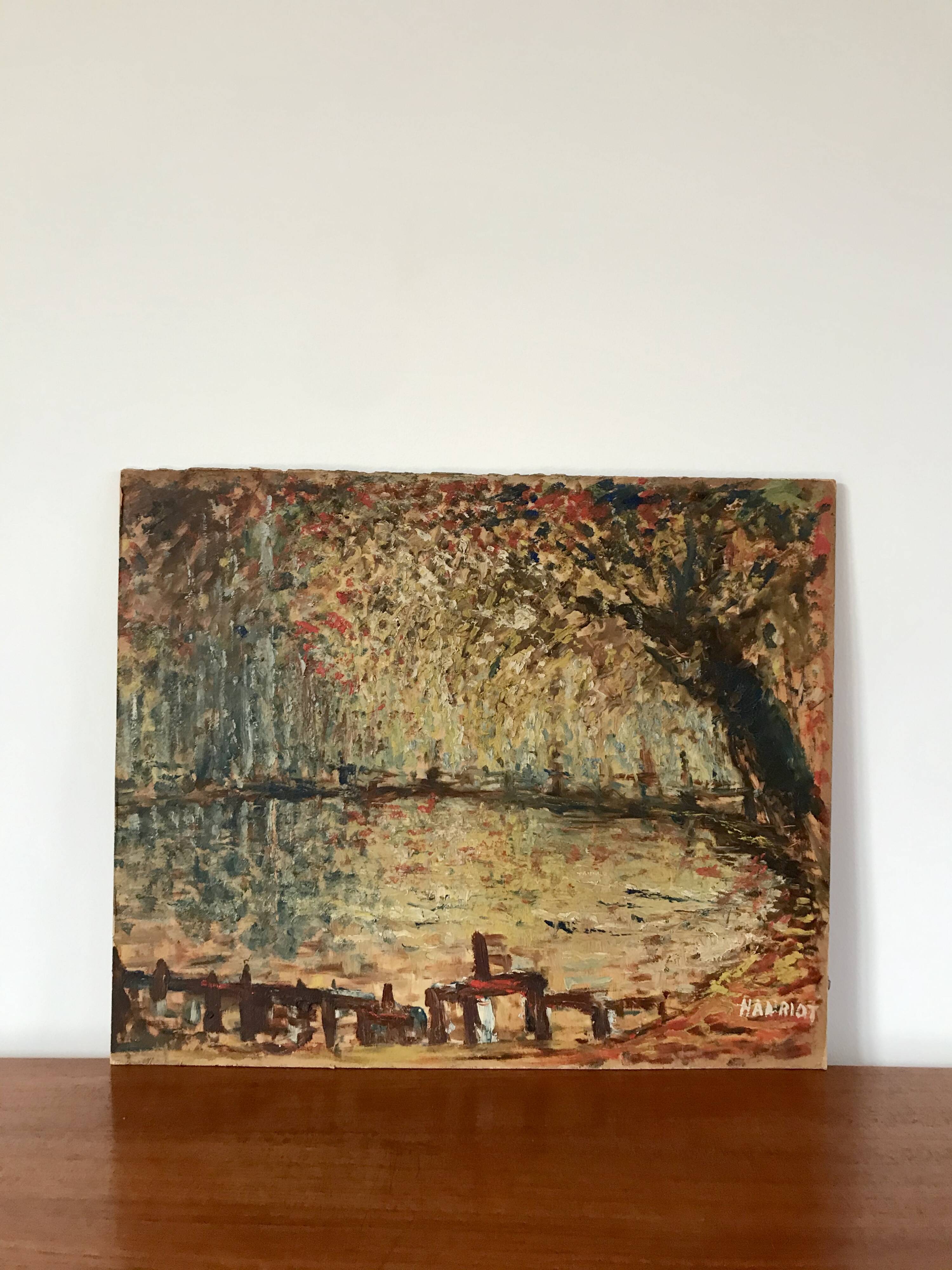 oil on pointillism landscape panel signed Hanriot 20th century