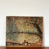 oil on pointillism landscape panel signed Hanriot 20th century