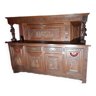 Breton furniture buffet 2 body carved by a Breton craftsman in oak with 2 keys