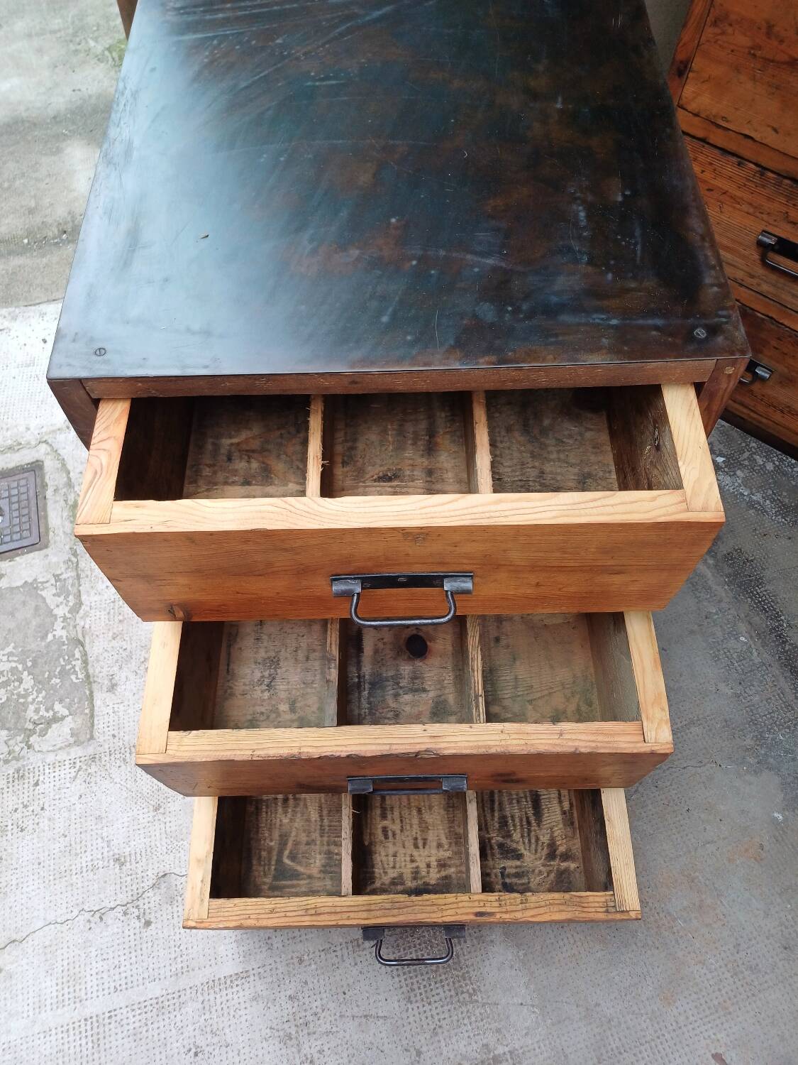 Pair of workshop furniture, solid wood, metal top 1930, 1950