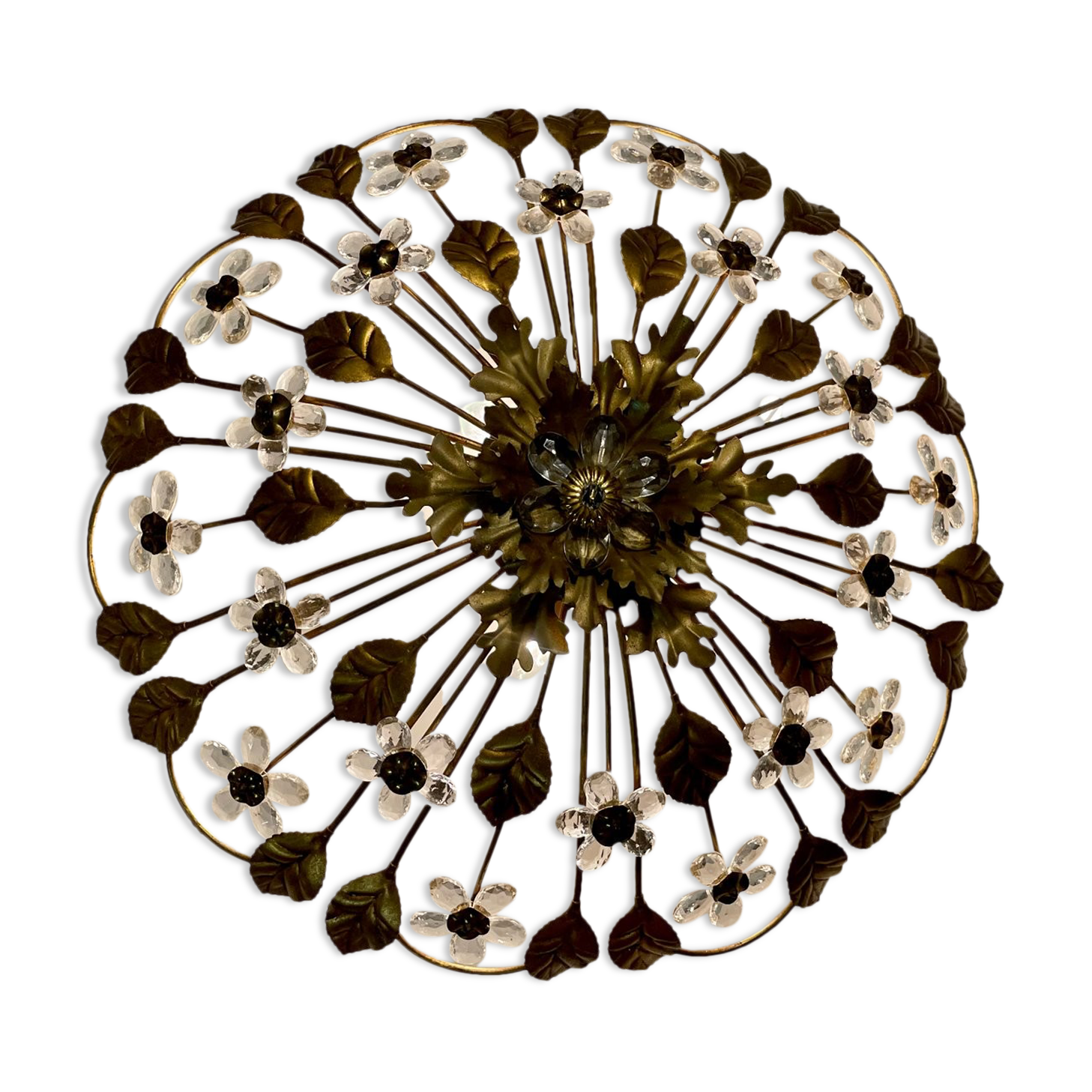Italian gold gilded tole crystal flower flush mount, 1960s