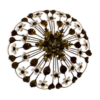 Italian gold gilded tole crystal flower flush mount, 1960s