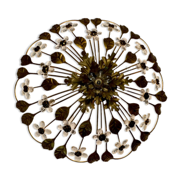 Italian gold gilded tole crystal flower flush mount, 1960s
