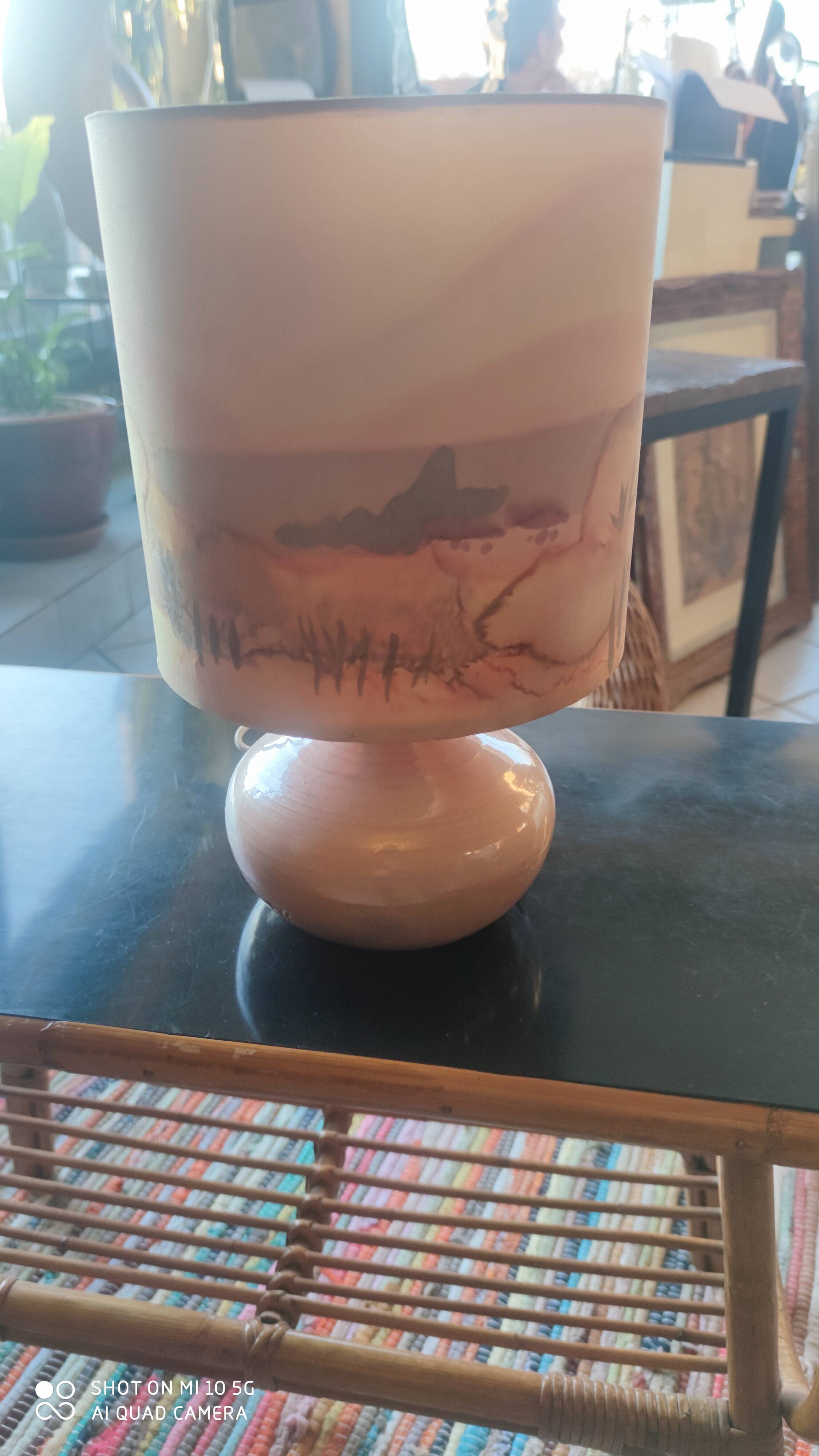 Ceramic lamp and its painted silk lampshade, circa 1970