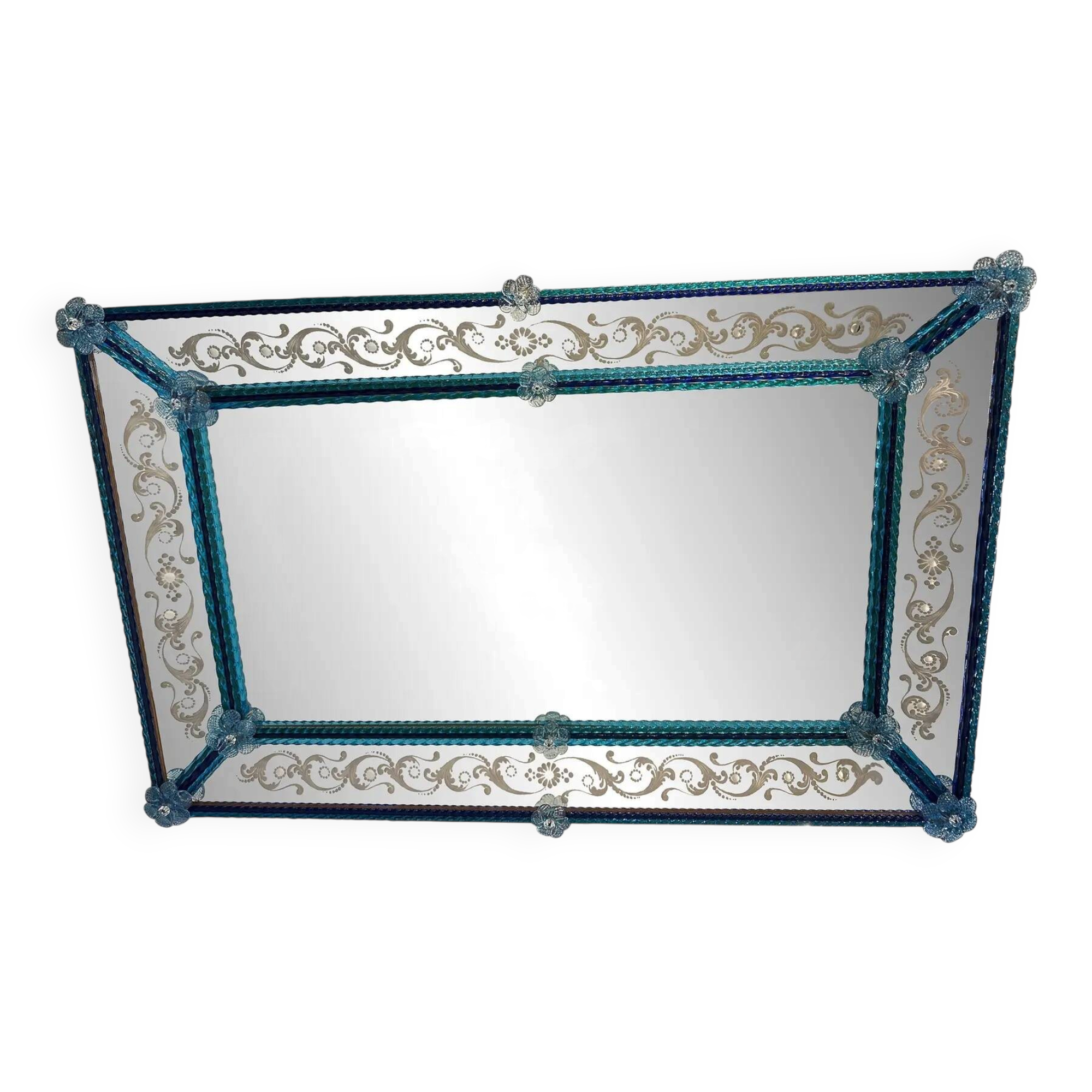 Stylish Modern Venetian Blue Mirror with Hand-Carved Murano Glass Frame