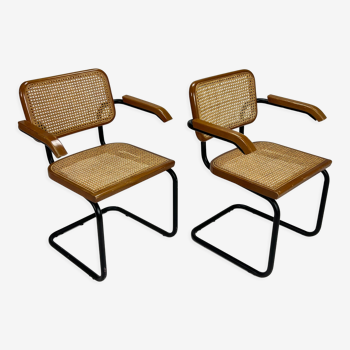 Set of 2 tubular black frame and cane cantilever dining chairs Breuer, italy, 1970s