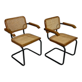 Set of 2 tubular black frame and cane cantilever dining chairs Breuer, italy, 1970s