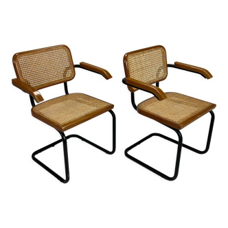 Set of 2 tubular black frame and cane cantilever dining chairs Breuer, italy, 1970s