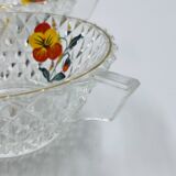 Vintage glass fruit salad serving set with a pansy design.