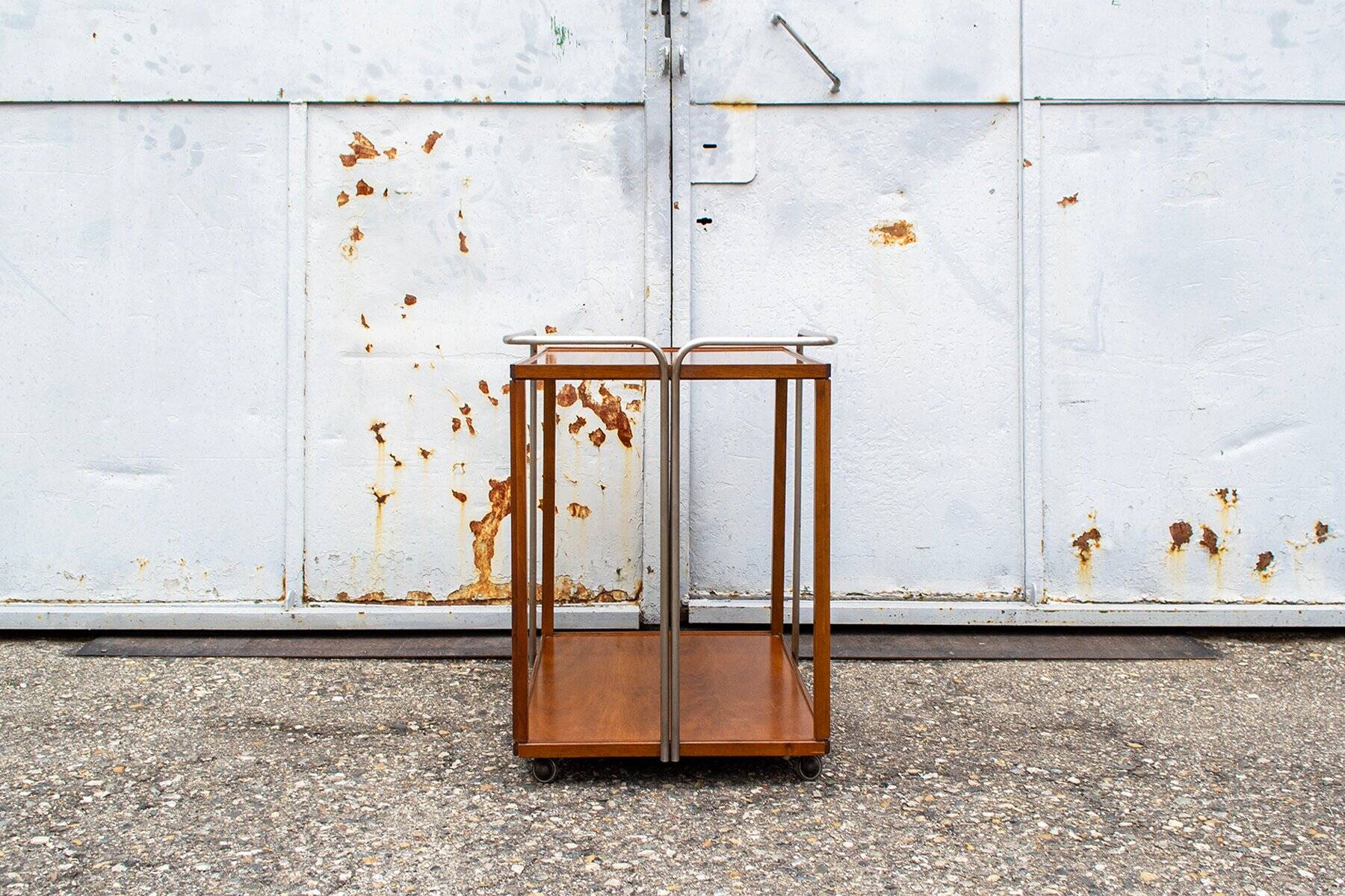 Wooden and chrome-plated metal bar cart, 1950s