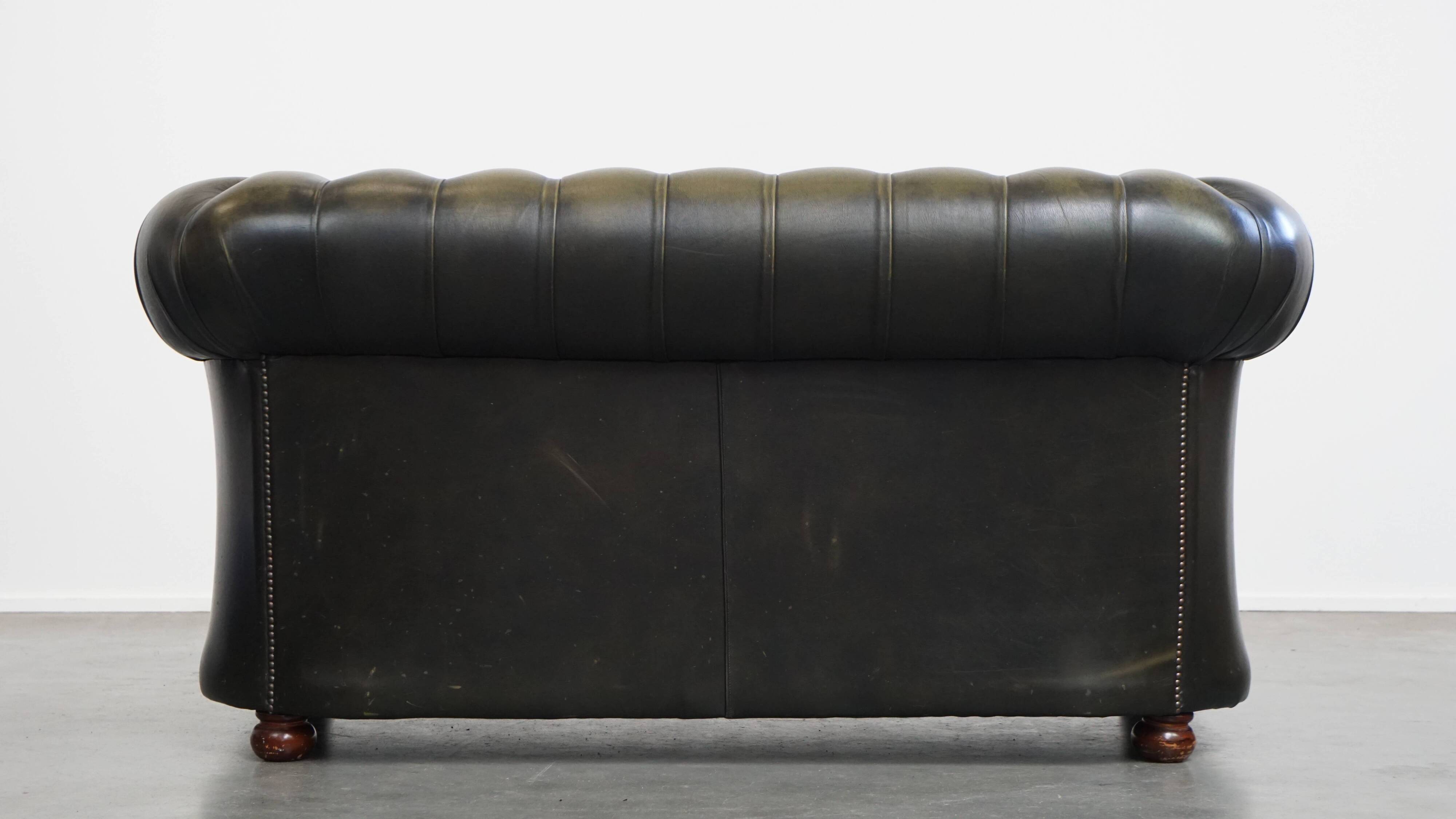 Green Vintage English Cowhide Leather Chesterfield 2-Seater Sofa