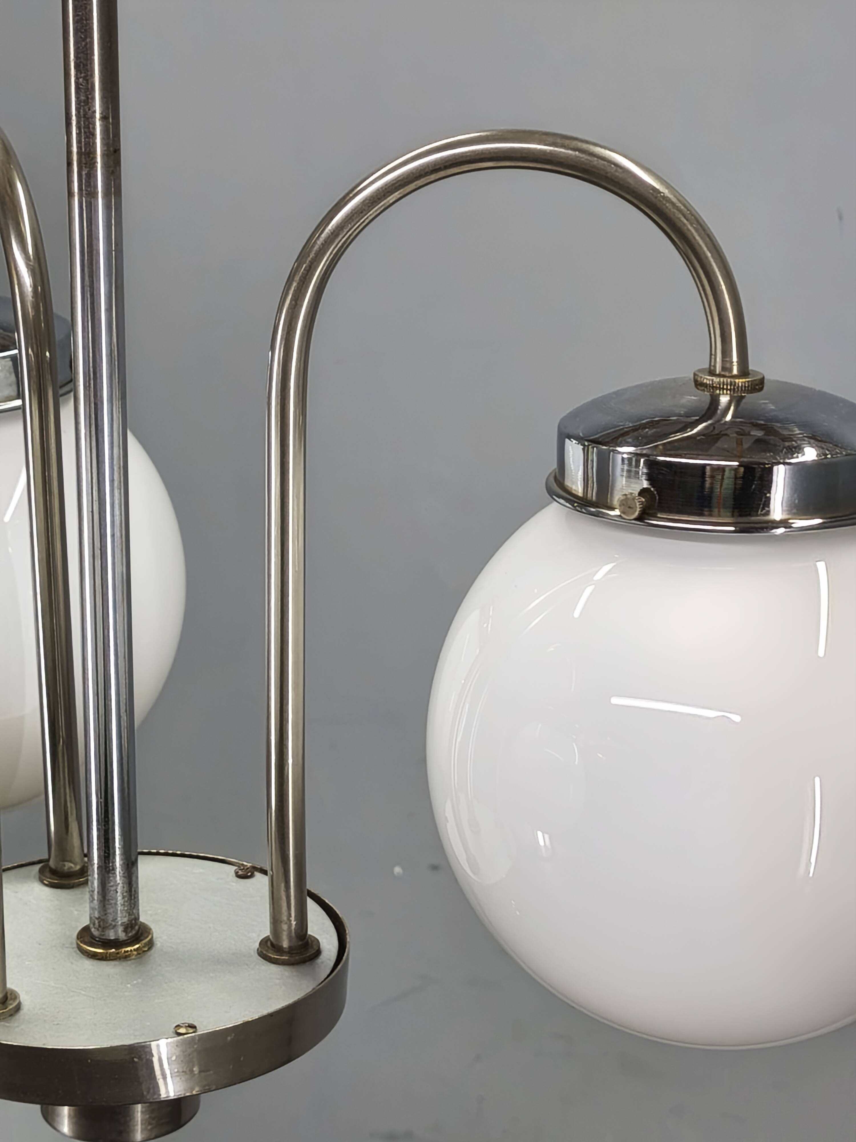 1930s Czech Art Deco Chandelier with Three Opaline Glass Globes