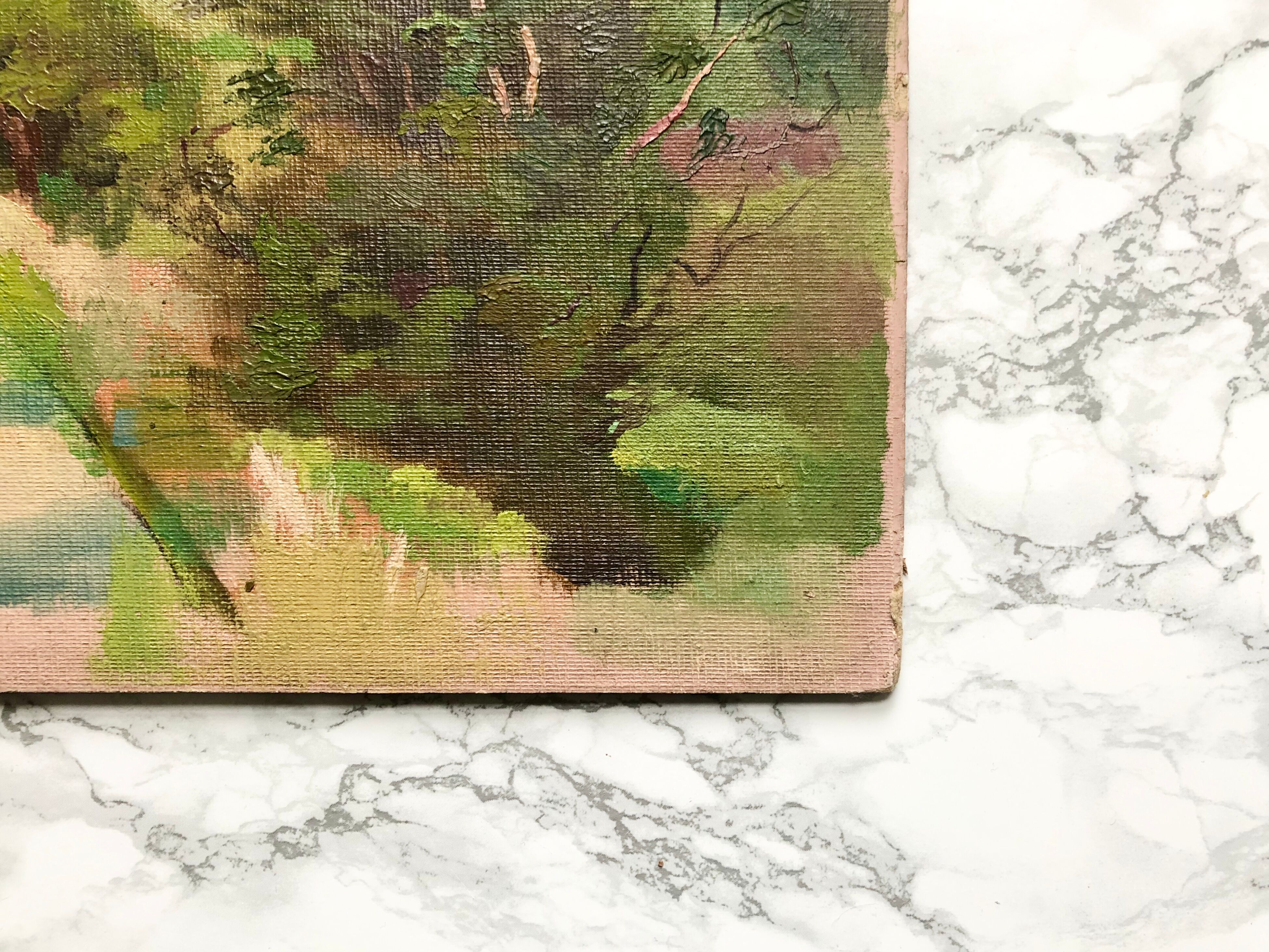 Oil on old cardboard depicting a hilly country landscape