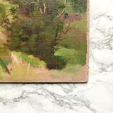 Oil on old cardboard depicting a hilly country landscape