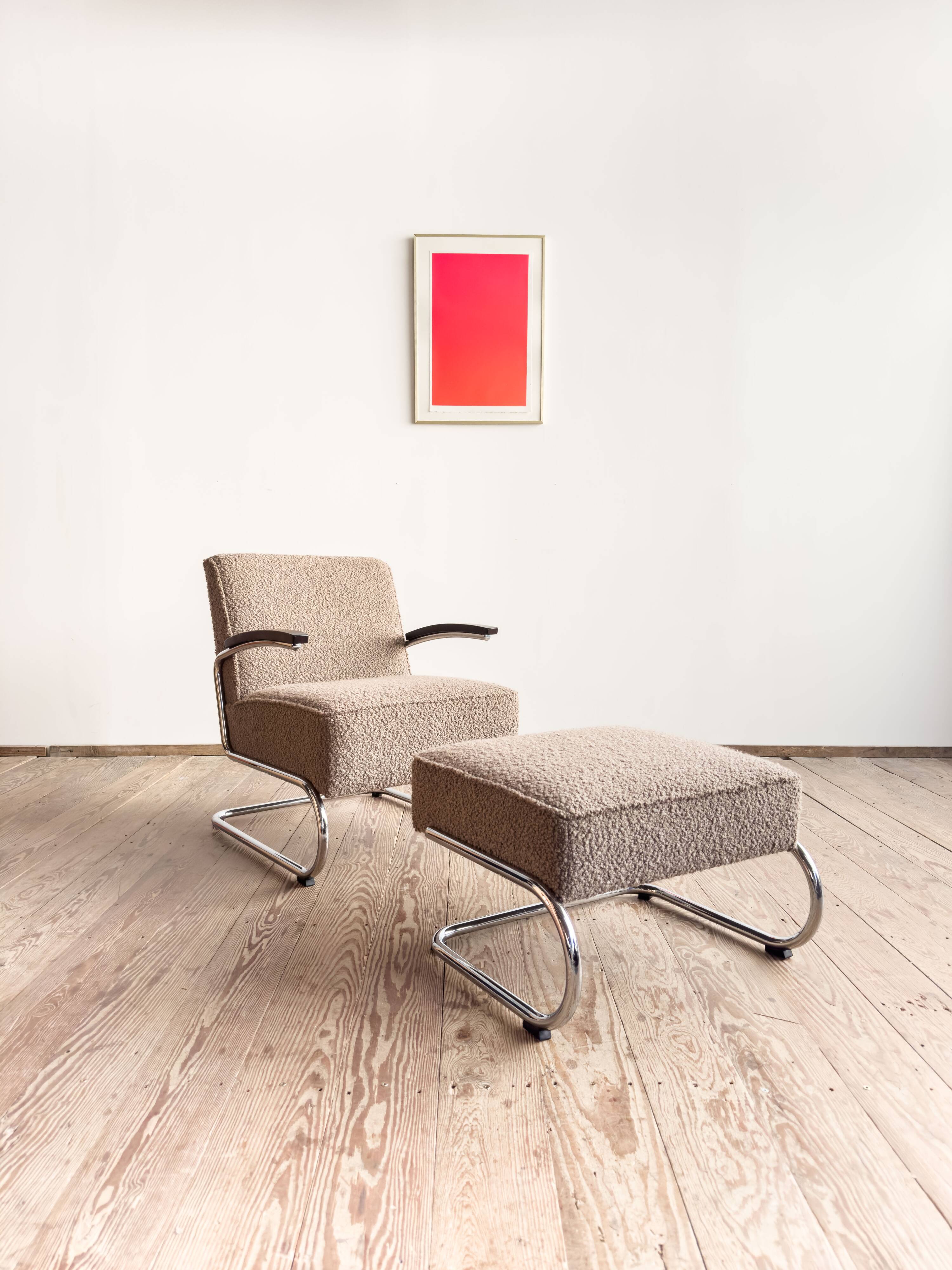 Fauteuil et ottoman Thonet 411 Bauhaus en tissu bouclé