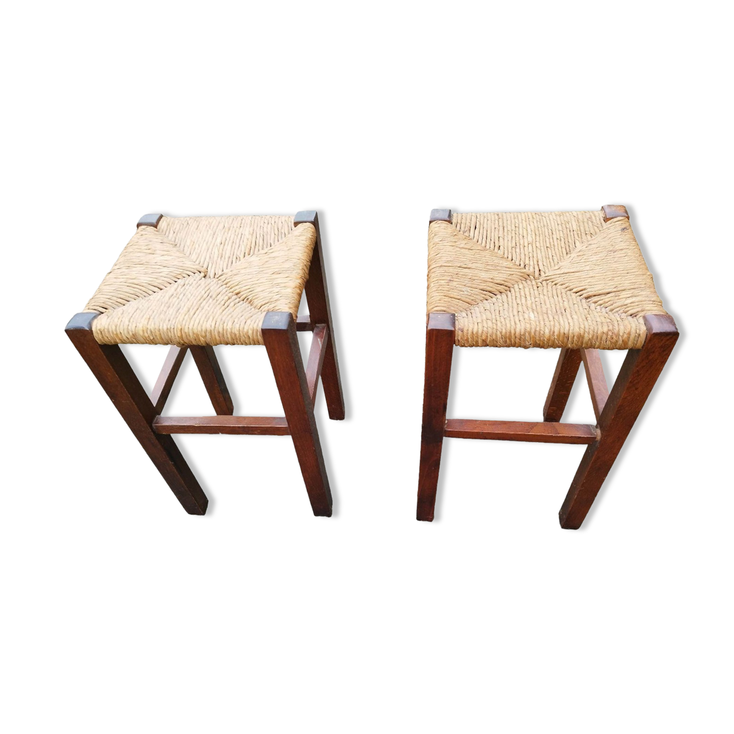 Paire de tabourets paillés rustique bois