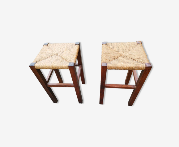 Paire de tabourets paillés rustique bois