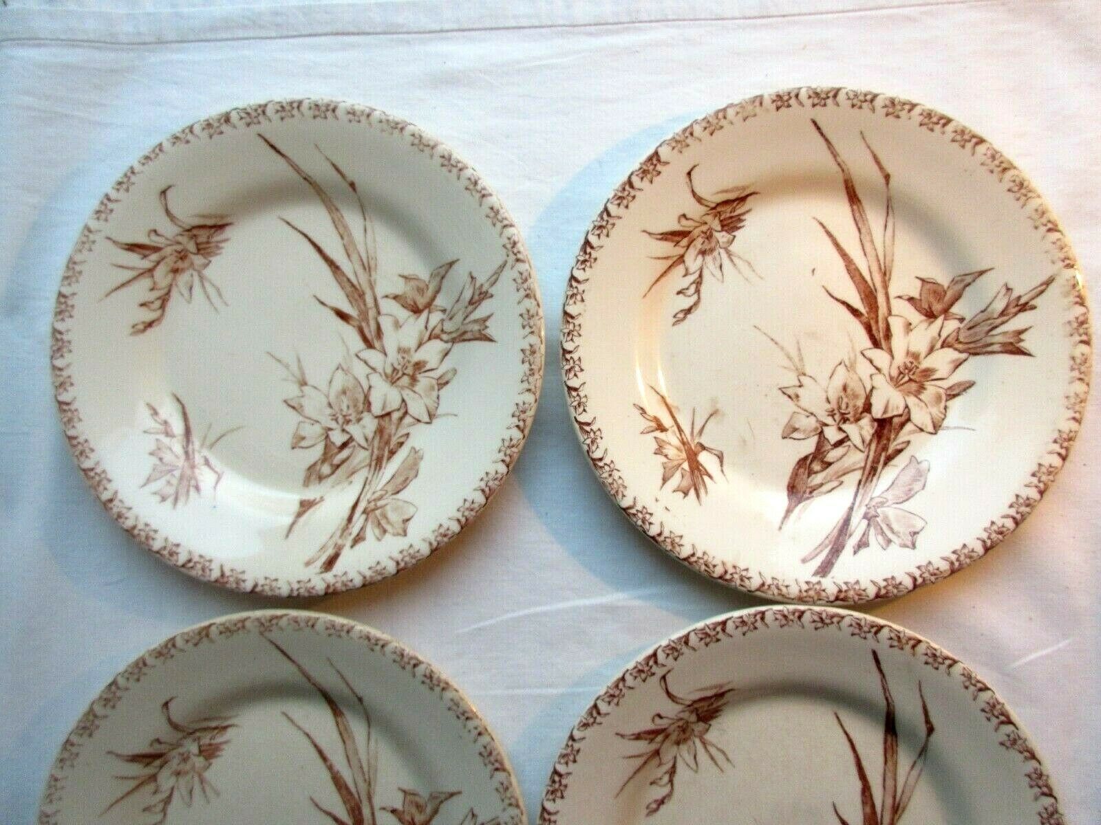4 GIEN dessert plates, glaïeul style, sepia colour