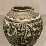 Terracotta vase with green digging patina with animal decoration